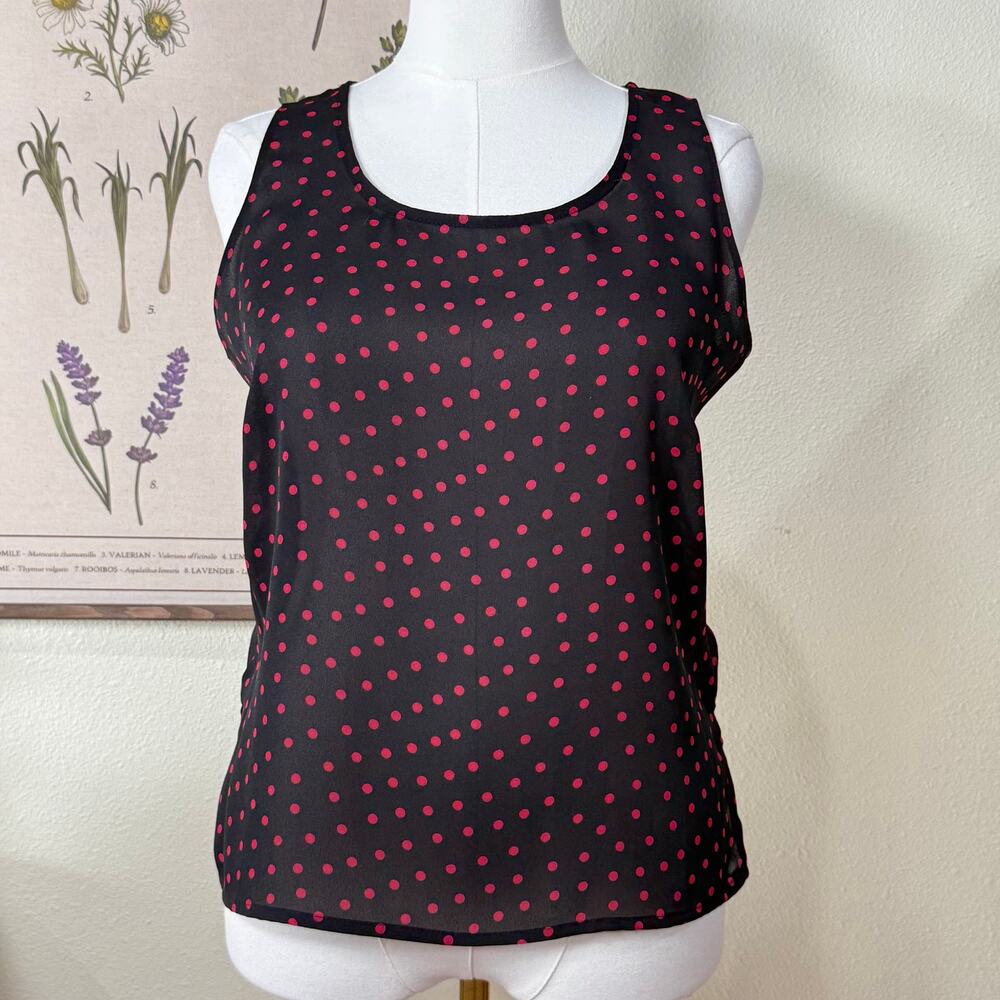 Vintage 90s Y2k Black Red Polka Dot Semi Sheer Tank Top Whimsy Twee Rockabilly M